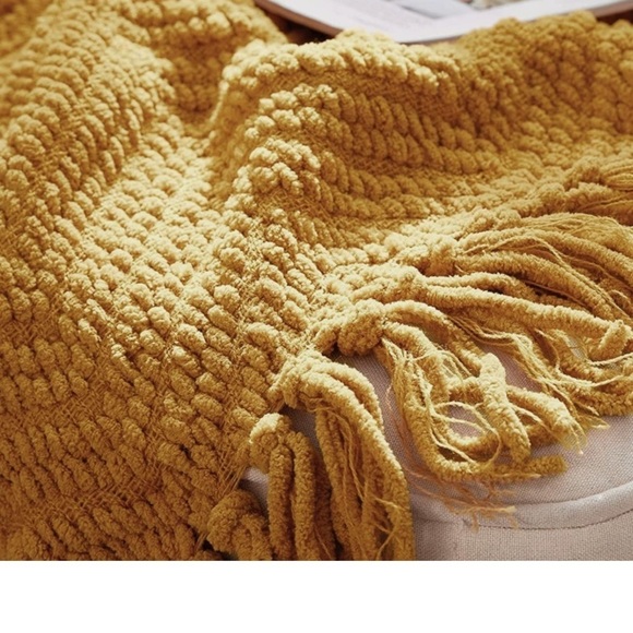 West Elm Sunflower Yellow Tassel Fringe Luxury Minimalist Soft Throw Blanket - Picture 4 of 15